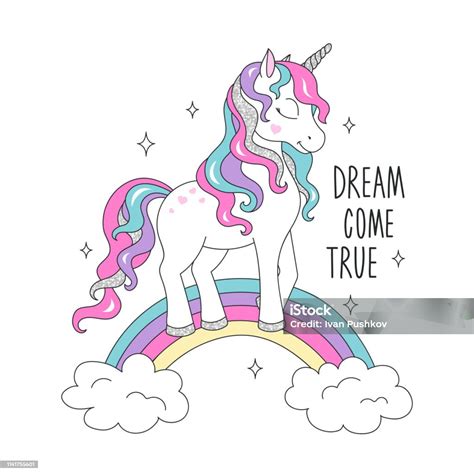 Glitter Unicorn On A Rainbow Dream Come True Text Design For Kids
