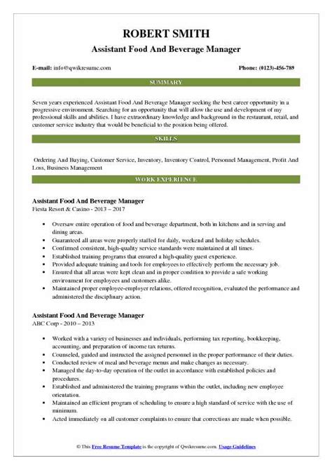 Staff in these fields work to move raw food and. Assistant Food and Beverage Manager Resume Samples | QwikResume