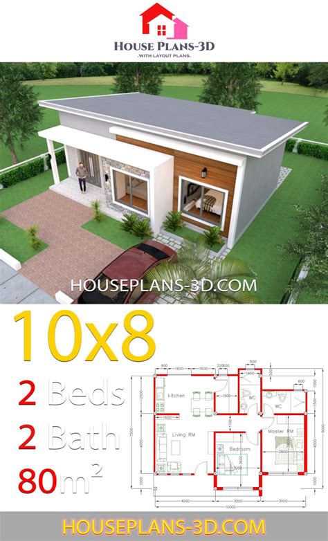 House Plans 10x8 With 2 Bedrooms Shed Roof House Plans 3d 20c