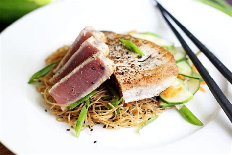 About 5% of these are soy sauce, 0% are other food & beverage, and 0% are sauce. Seared Tuna with Sesame Ginger Rice Noodles and Asian Cucumber Salad. Use non-soy substitute for ...