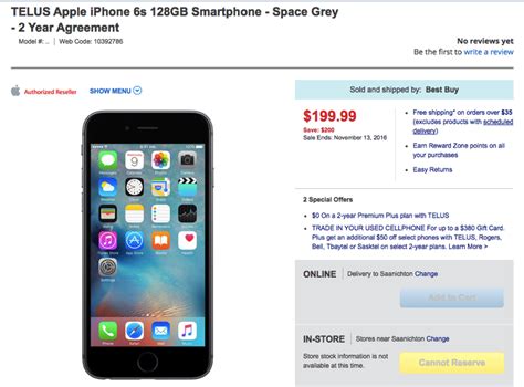 Best Buy Sale 200 Off Telus 128gb Iphone 6s On Contract At 19999