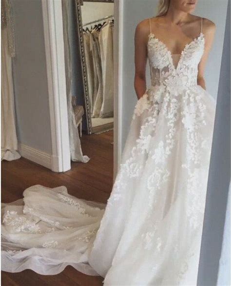 Sexy Deep V Neck Wedding Dress Lace Wedding Dress Open Back Bridal Dresses Spaghetti Straps