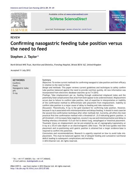 Pdf Confirming Nasogastric Feeding Tube Position Versus The Need To