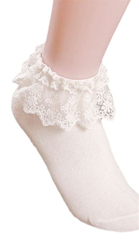 Am Landen Am Landen Womens White Lace Ruffle Frilly Cotton Socks Princess Socks Ankle Socks