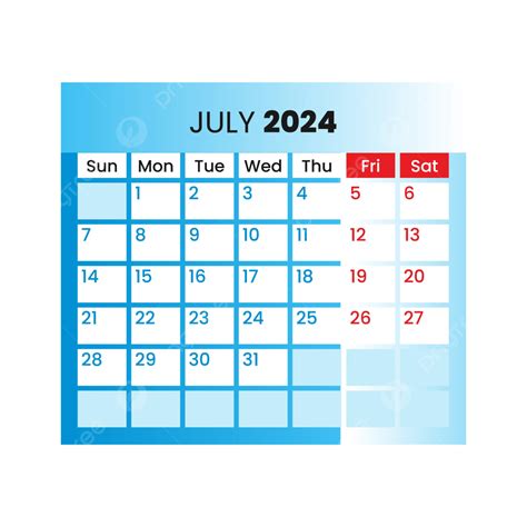 Calendario Mensual Julio 2024 Vector Png Julio De 2024 Mes De Julio