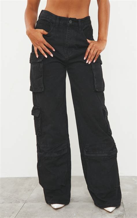 Washed Black Cargo Pocket Detail Wide Leg Jeans Prettylittlething Aus
