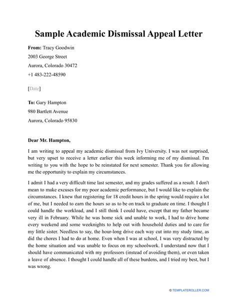Sample Academic Dismissal Appeal Letter Download Printable PDF Templateroller