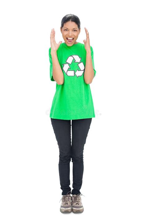 Shouting Black Haired Model Wearing Recycling Tshirt Stock Image