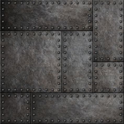 Dark Metal Plates With Rivets Seamless Background Or Texture Stock