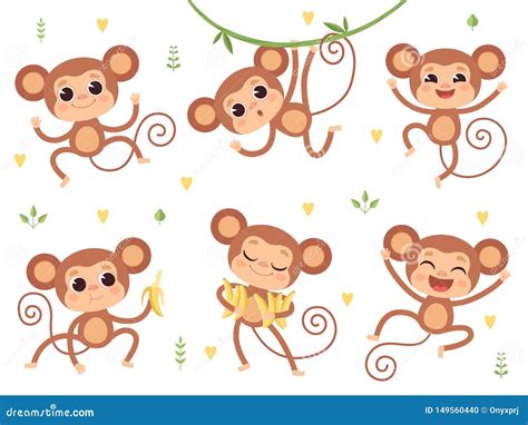 Cute Monkeys Jungle Wild Animals Baby Little Monkeys Playing Vector