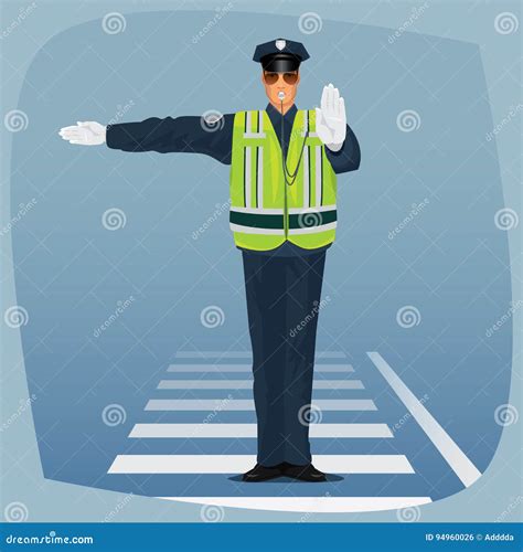 Officer Of Traffic Police Standing At Crossroads Stock Vector