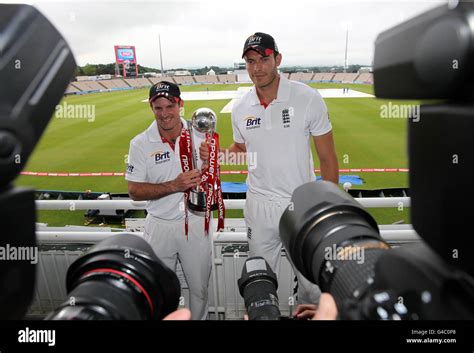 England Captain Andrew Strauss Left And Chris Tremlett Right Pose With The Npower Series