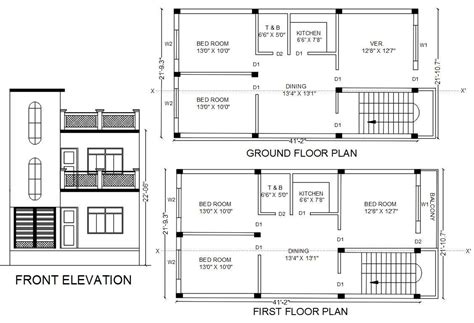 2 Storey House Plan With Front Elevation Design Autocad File Cadbull