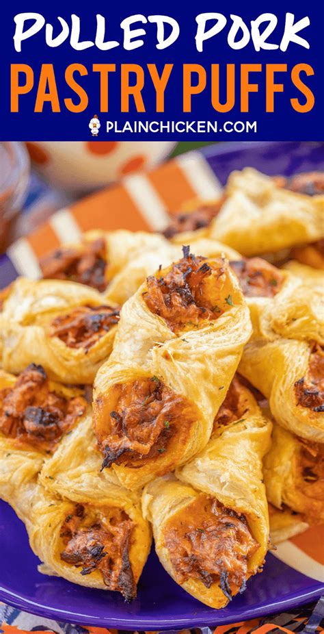 Chinese roast pork puffs are a dim sum classic similar to the roast pork bun except they are wrapped in a slightly sinful, yet heavenly pastry puffs! Pulled Pork Pastry Puffs - Football Friday - Plain Chicken