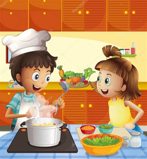 Échale un vistazo a nuestras creaciones, son únicas. Ilustración de un niño cocinando en una cocina. — Vector ...