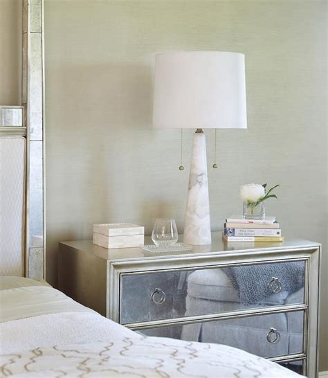 Silver Leaf Nightstand With Mirrored Drawers And White Alabaster Lamp