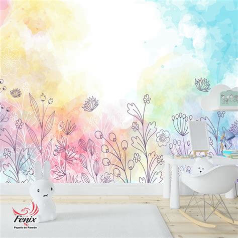 Papel De Parede Foto Mural Infantil Flores Aquarela Colorido