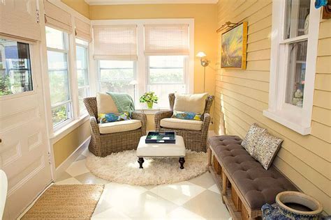 Small Sunroom Addition Porch With Yellow And White Colors And Cottage