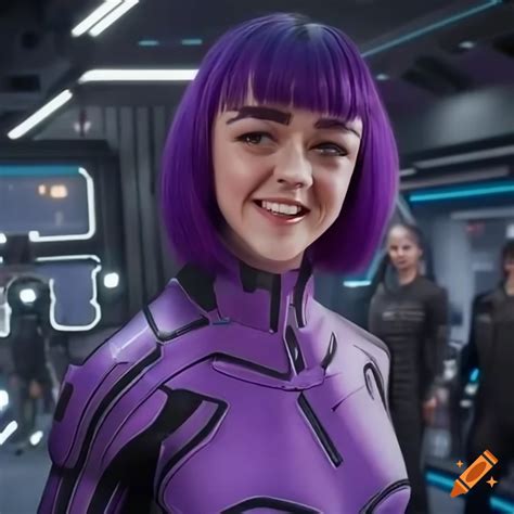 Smiling Maisie Williams In Sci Fi Outfit With Purple Hair On Craiyon