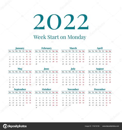Calendrier De Lannée 2022 Simple — Image Vectorielle 123sasha © 174216106