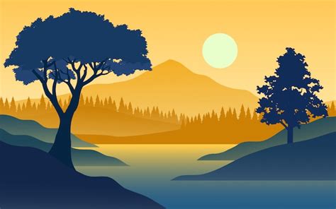 Premium Vector Flat Sunset Scenery With Mountain And River
