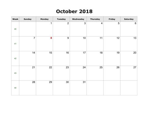 Calendar 2018 October Printable Resume Samples