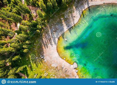 Top Down View Of Carezza Lake In Dolomites Italy Europe Stock Photo