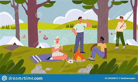 Cheerful Male And Female Characters Having Fun Camping Time At The River Bank Together With