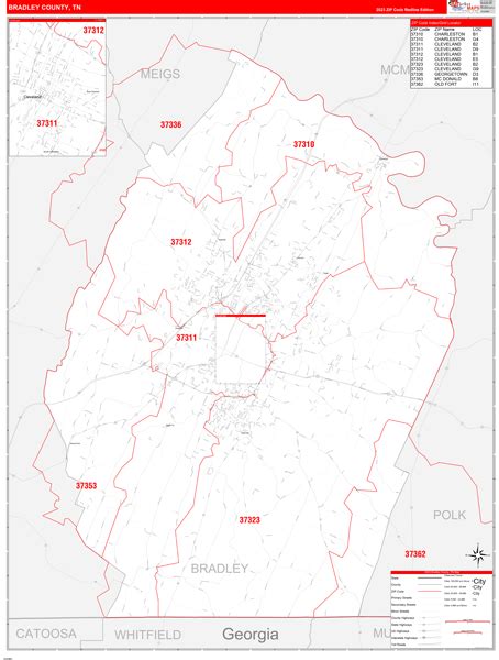 Bradley County Tn Zip Code Wall Map Red Line Style By Marketmaps