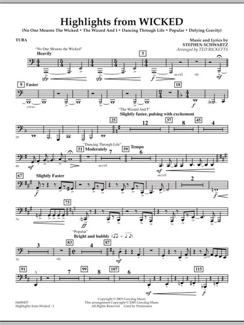 Highlights From Wicked Tuba Sheet Music Ted Ricketts Full Orchestra