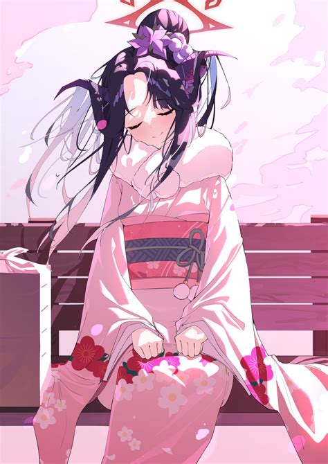 Safebooru 1girl Absurdres Bench Bento Black Hair Blue Archive Closed Eyes Flower Fuuka Blue