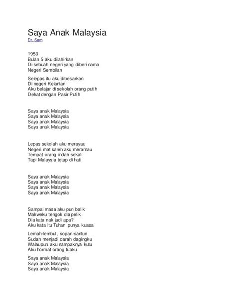 Saya Anak Malaysia Lirik Lagu Patriotik Lirik Lagu Patriotik Santi Asa