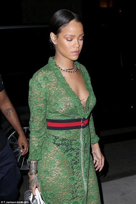 Rihanna Flashes Her Black Thong Knickers In A Sheer Emerald Lace Dress