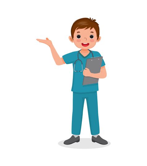 Cute Little Boy Wear Nurse Uniform Holding Clipboard With Hand Showing