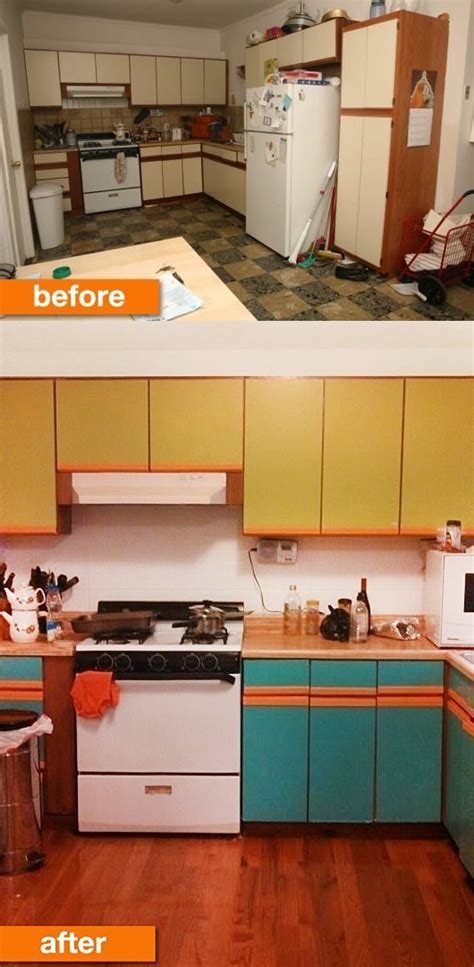 If there are any areas on the cabinet that you aren't painting, cover them with painter's tape. Before & After: Plain Particleboard Cabinets Get a Cheery Spring Paint Job | Laminate cabinet ...