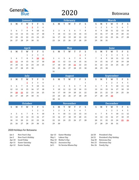 2020 Botswana Calendar With Holidays
