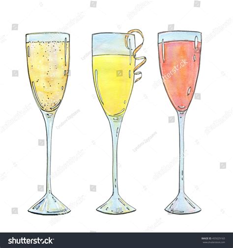 Hand Drawn Set Of Watercolor Cocktails Mimosa Bellini Champagne Cocktail French 75 On White