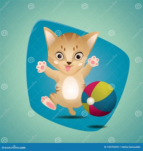 Cat Playing With Ball Vector Illustration Decorative Design Stock