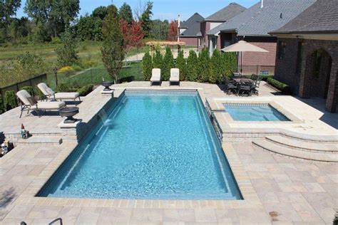 Rectangular Pool With Spa And Water Feature Back Yard With Pools