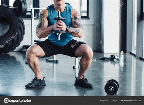 Partial View Young Sportsman Exercising Dumbbell Gym Stock Photo By