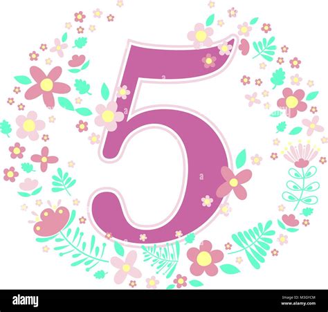Number 5 With Decorative Flowers And Design Elements Isolated On White