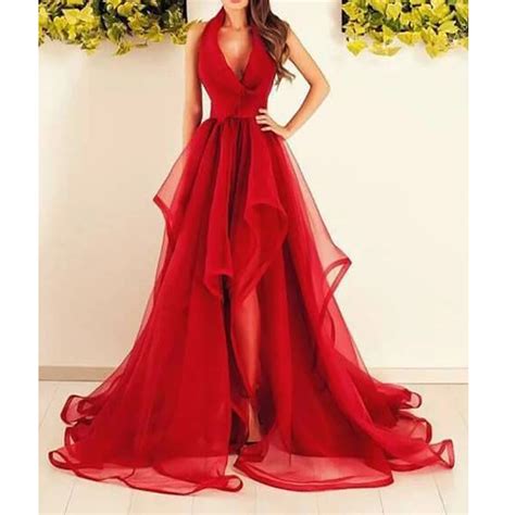 New Arrival Red Evening Dresses Halter Deep V Neck Long Prom Dress