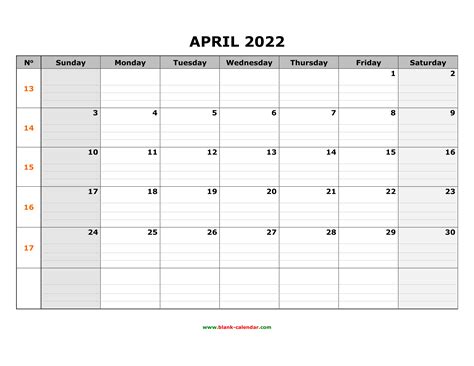 Free Download Printable April 2022 Calendar Large Box Grid Space For