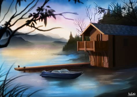 Digital Painting Practice Lake House Morning By Kisetsukaze On Deviantart