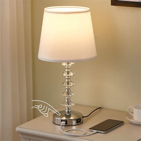 Kakanuo Touch Crystal Lamp For Bedroom With Usb Ports White Usb Bedside Table Lamp Nightstand