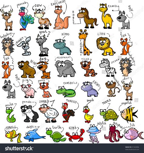 Big Set Of Cartoon Animals Stock Vector Illustration 91943006