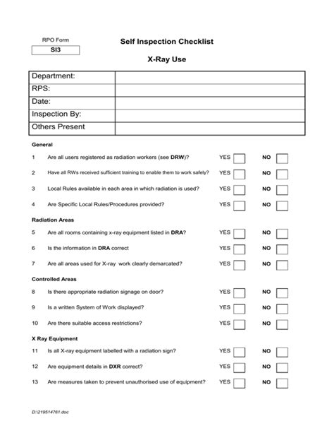 Self Inspection Checklist X Ray Use Department