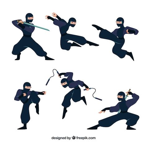 Premium Vector Flat Ninja Character Collection In Different Poses