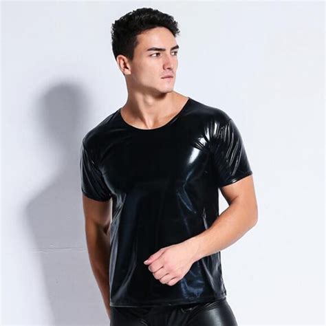 Latex Men Sexy Faux Leather T Shirts Male Fashion Undershirts Men Black