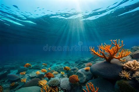 Underwater Coral Reef In The Deep Blue Ocean With Colorful Fish And